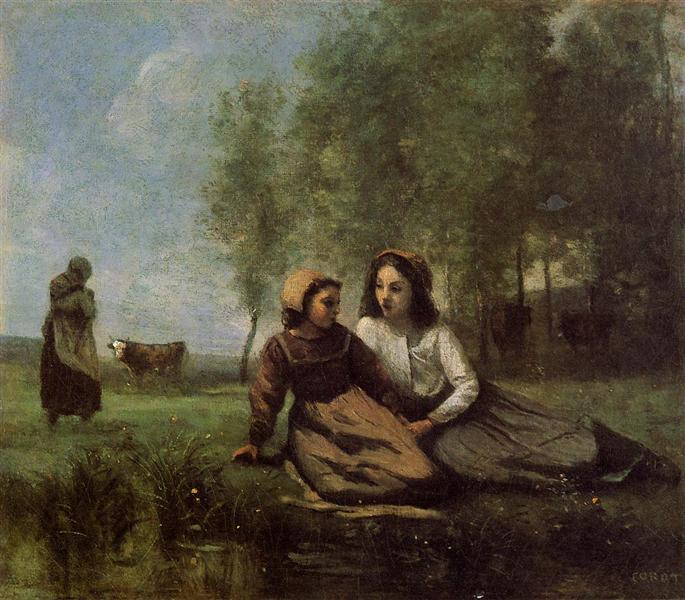 Two jeans in a meadow next to the water - 1855