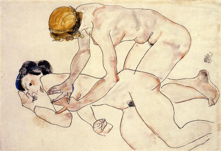 Two female nudes, one lying and another kneeling, 1912