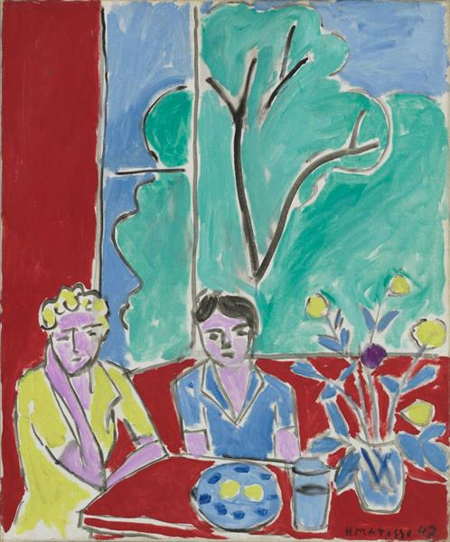 Two girls, red and green background 1947 