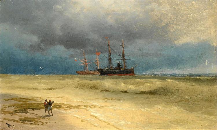 Two ships anchored on a beach