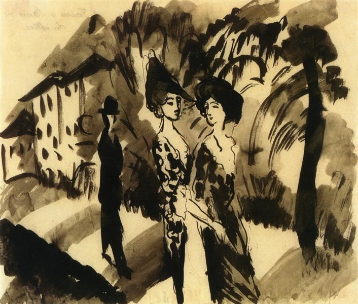 Two women and a man on an avenue - 1914