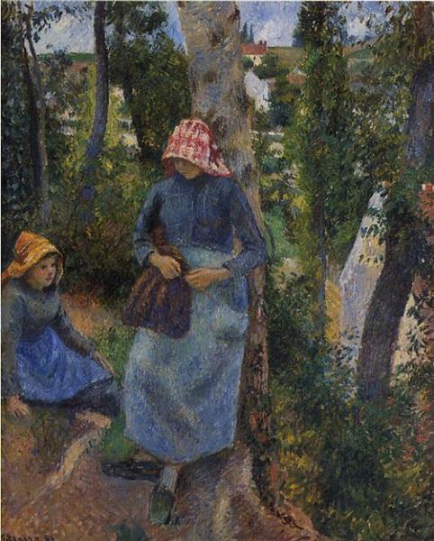 Deux jeunes paysans discutant sous les arbres - 1881