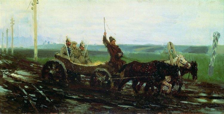 Onder escort. Op de modderige weg - 1876