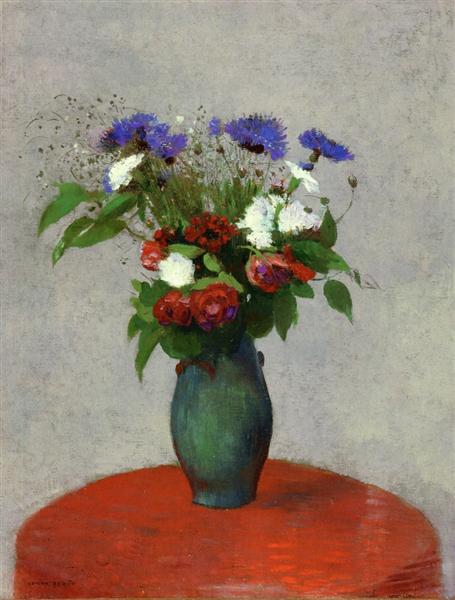 Flower vase on a red tablecloth - 1900