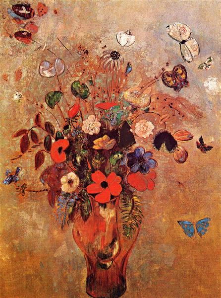 Vase with flowers and butterflies