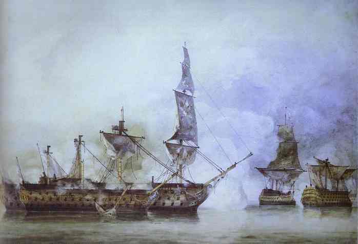 O navio &amp;quot;Vitória&amp;quot; de Sua Majestade; - Capitão E. Harvey - Na memorável batalha de Trafalgar entre dois navios franceses da linha - 1806