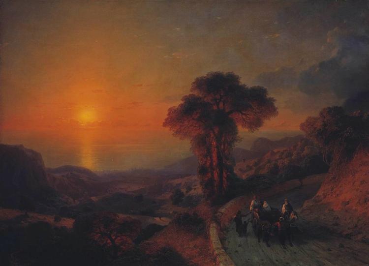 View of the sea from the mountains at sunset. Crimea - 1864