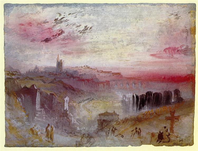 Vista della città al tramonto: un cimitero in primo piano - 1832