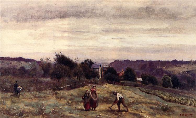 Camponeses de Ville D'Avray The Heights trabalhando em um campo - 1870