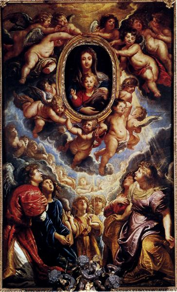 Virgin and child worshiped by angels - 1608