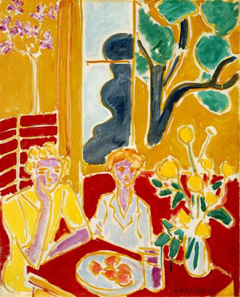 Deux filles dans un intérieur jaune et rouge 1947 