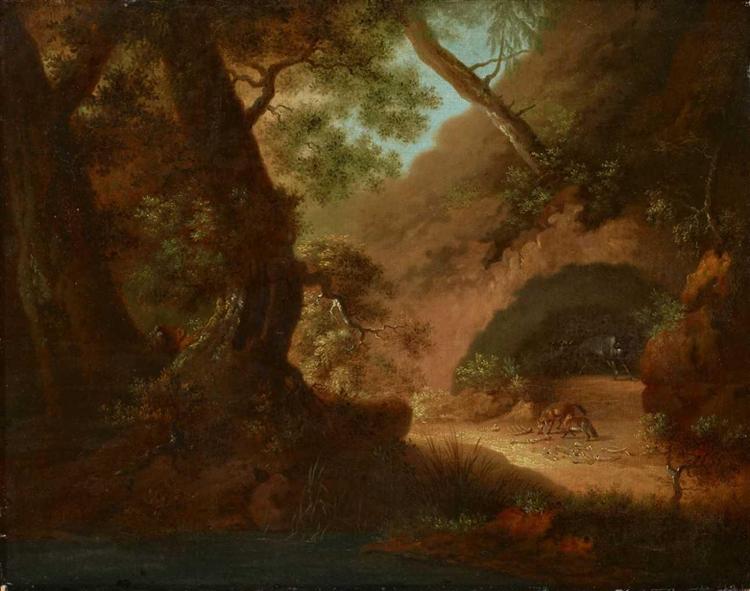 Wolves in the forest in front of a cave - 1798