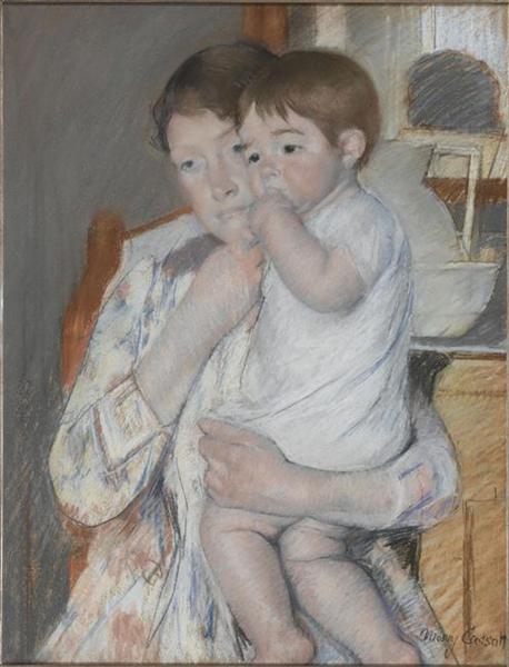 Donna e bambino davanti a uno scaffale dove sono collocati una brocca e un Palangana - 1889