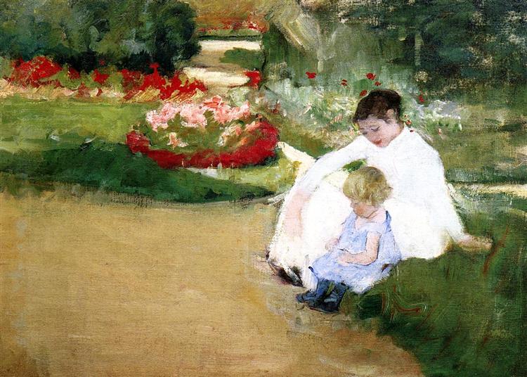 Femme et enfant assis dans un jardin - 1881