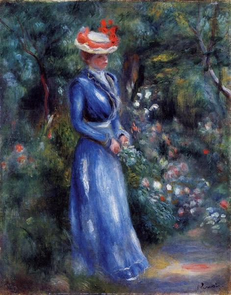 Mujer Con Vestido Azul - De Pie En El Jardín De Saint Cloud - 1899