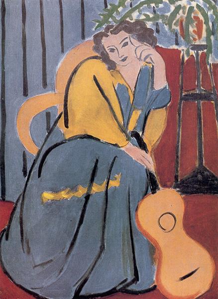 Kvinna i gult och blått med en gitarr från 1939