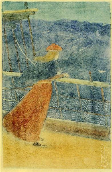 Femme sur le pont du navire - En regardant la mer (également connue comme une fille dans la balustrade du navire) - 1895