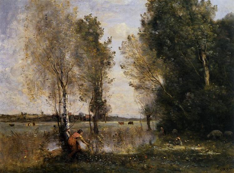 Kvinde plukker blomster i et græs - 1860