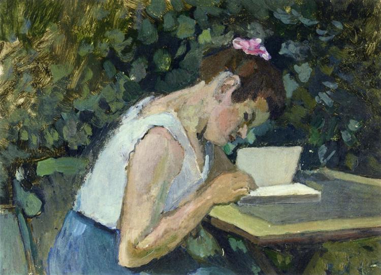 Mujer leyendo en un jardín 1903