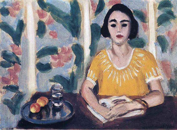 Mujer leyendo con duraznos 1923