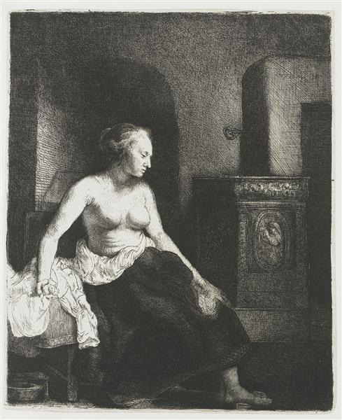 Une femme à moitié sitante s'habille avec un poêle - 1658