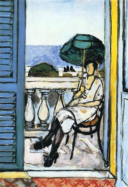 Woman with a green umbrella on a balcony 1919 