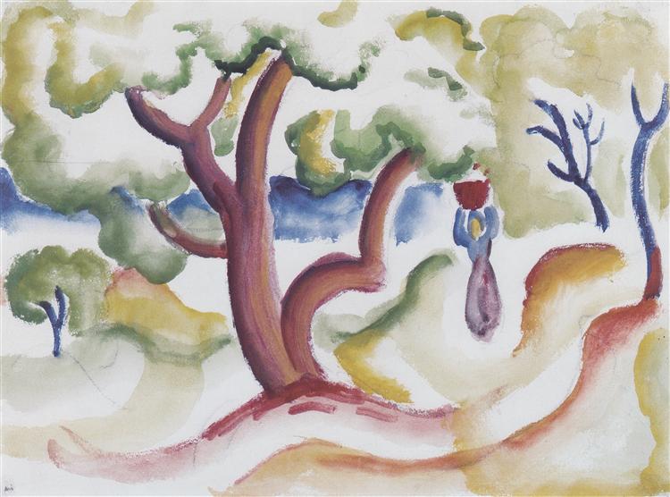 Donna con un lanciatore sotto gli alberi - 1912