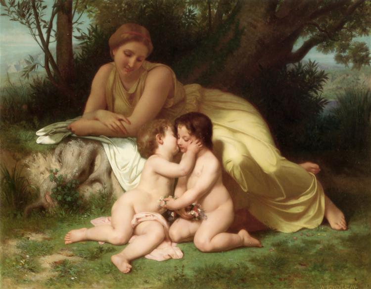 Young woman contemplating two hugged children - 1861