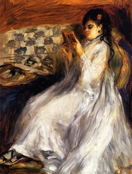 Young woman dressed in white reading - 1873