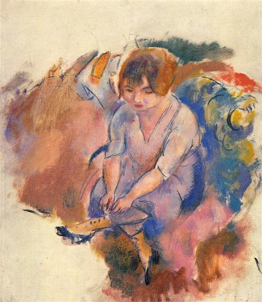 Junge Frau, die die Socken stellt - 1916