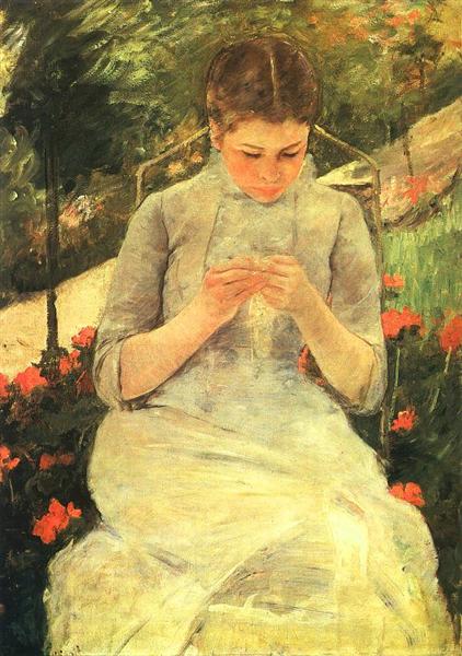 Giovane donna che cuce in giardino - 1882