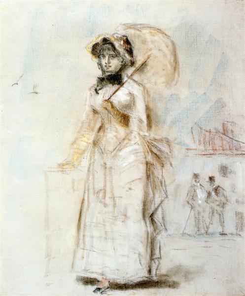 Jeune femme faisant une promenade en tenant un parapluie ouvert - 1880