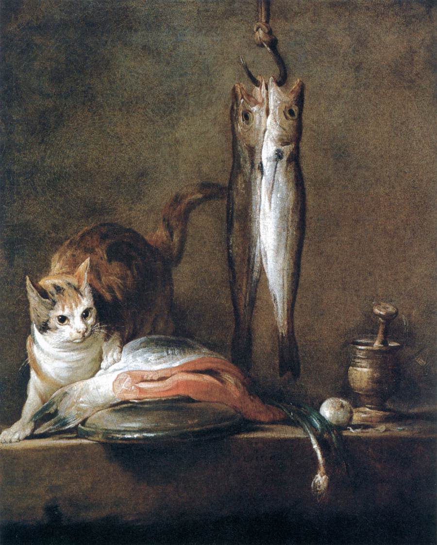 Natürliches Stillleben mit Katze und Fisch