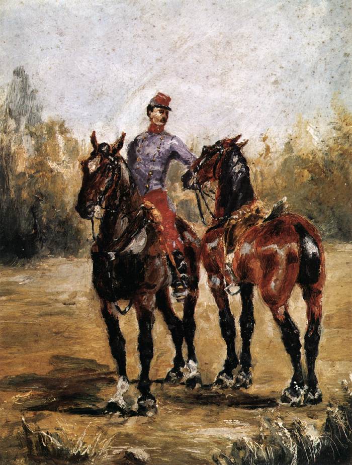 Twee paarden met soldaat