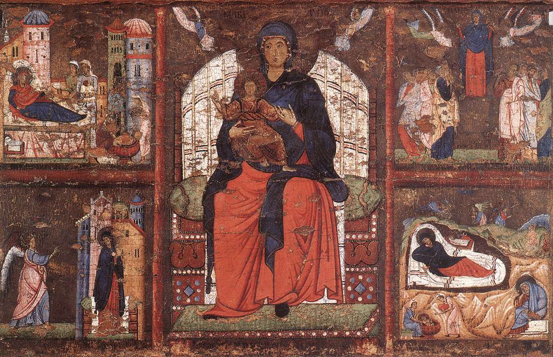 La vierge et l'enfant intronisé avec des scènes de la vie de la Vierge