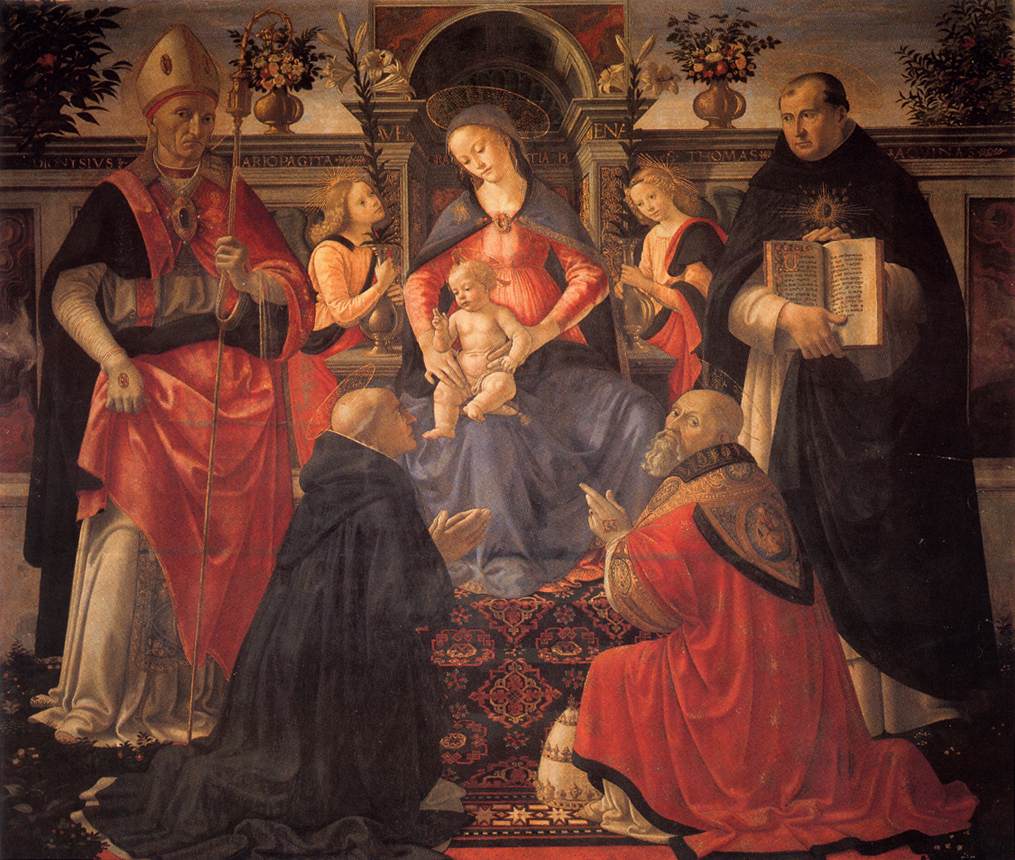 Dziewica i dziecko intronizowane między aniołami i świętymi