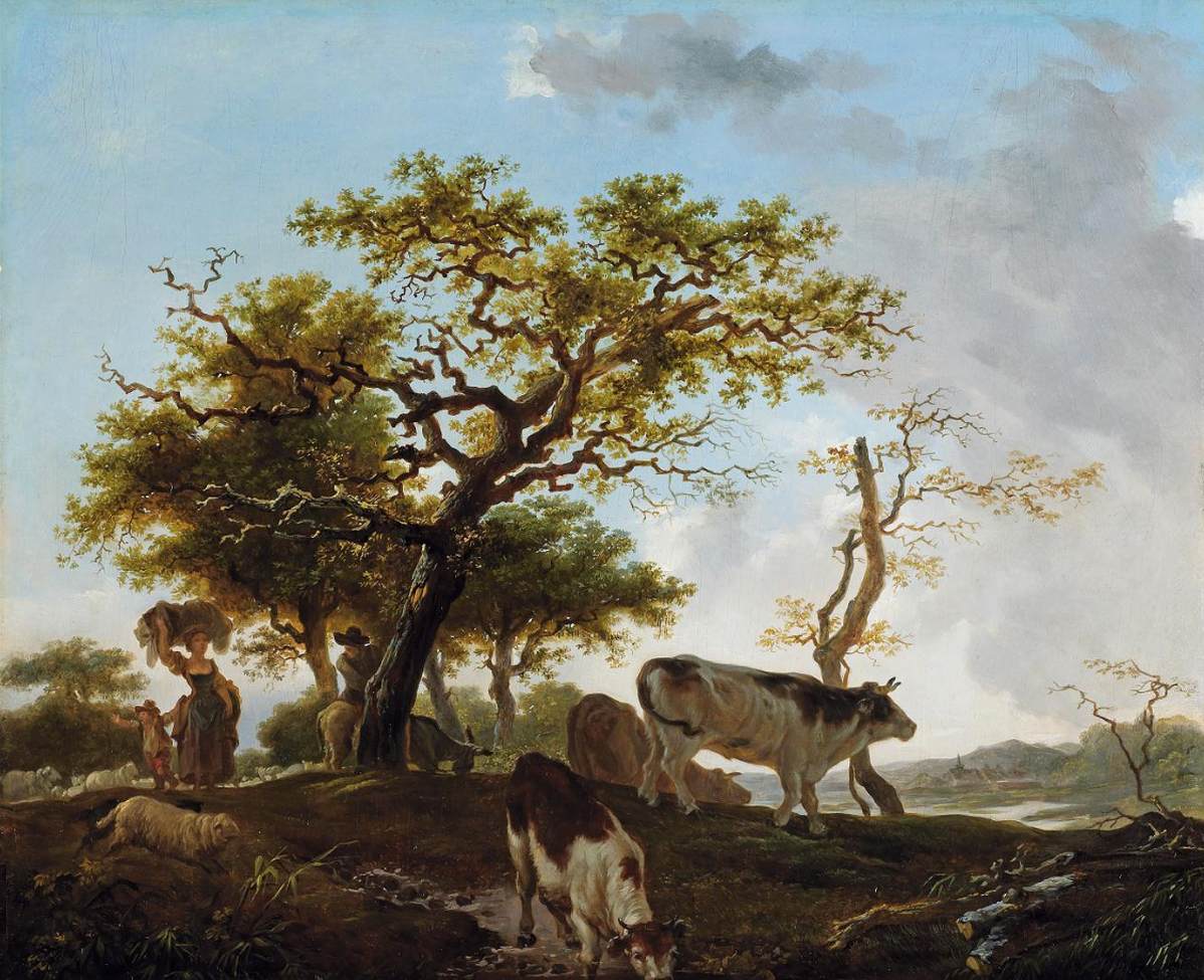 Jeune femme et berger dans un paysage