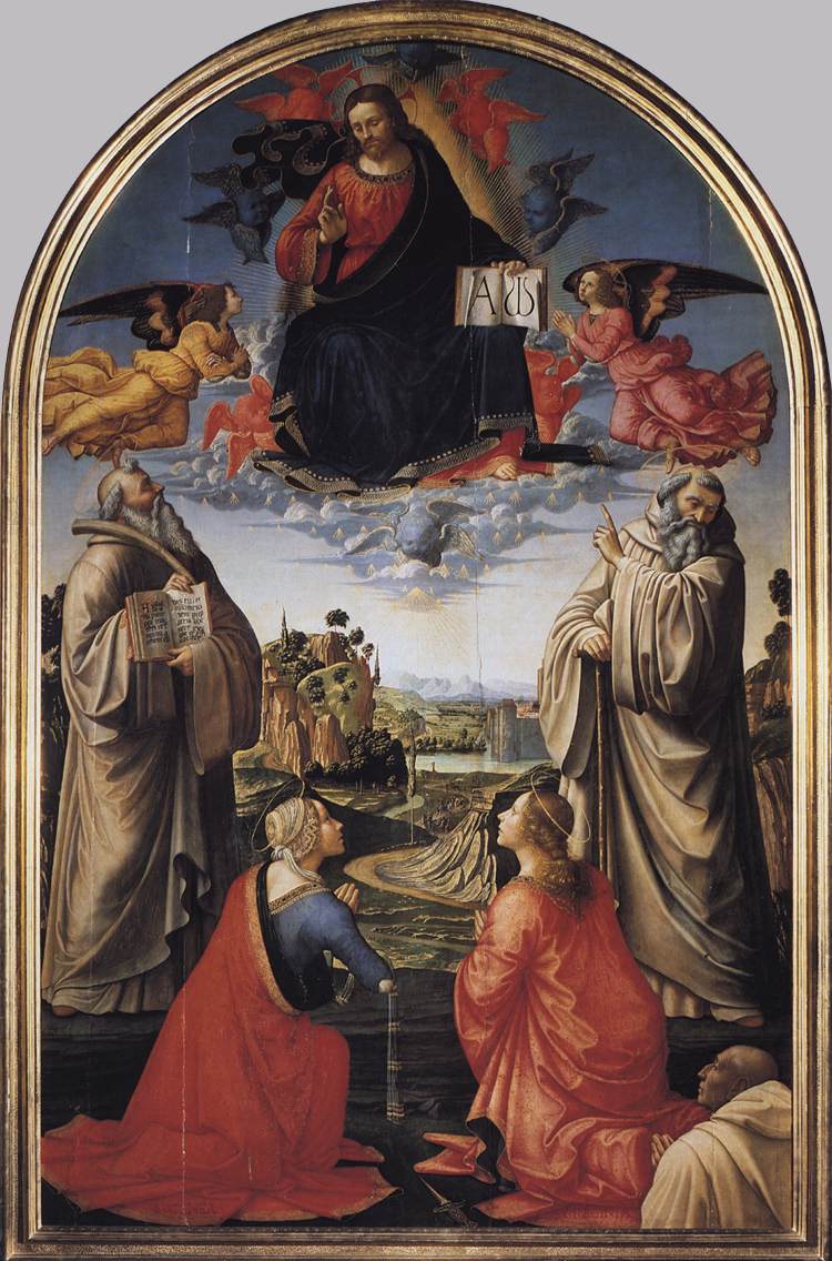 Christus in de hemel met vier heiligen en een donor