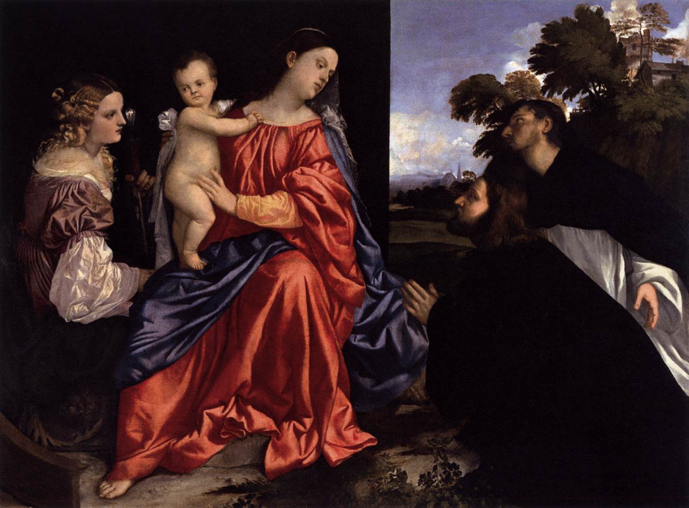 Jungfru och barnet med Santa Catalina och Domingo och en givare