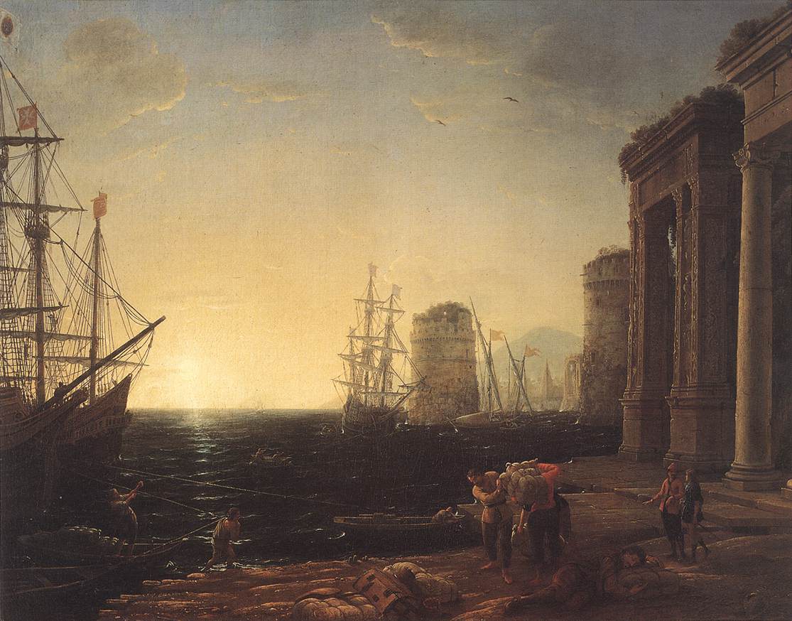 Scena portu o zachodzie słońca