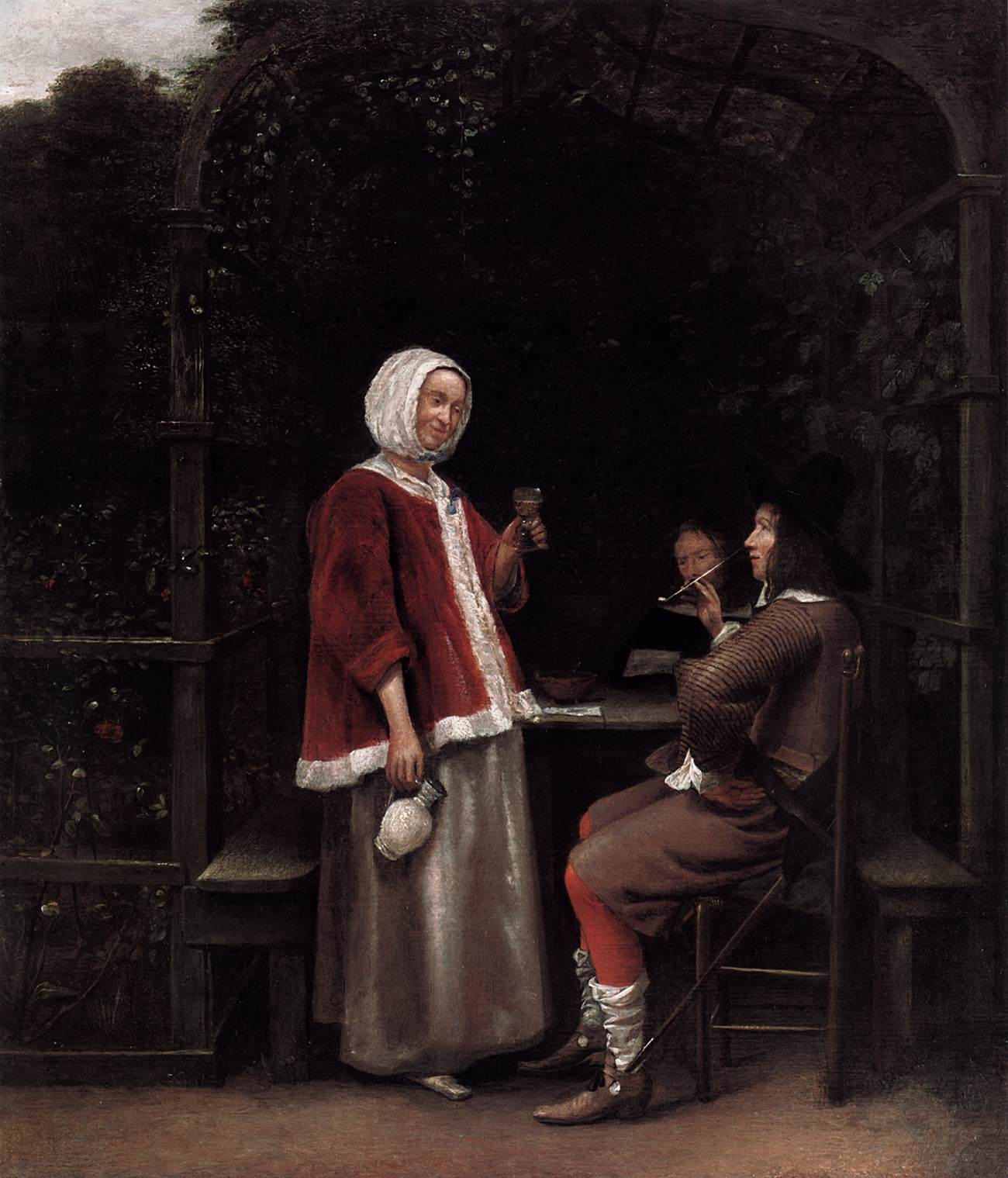 A Woman and Two Men in an Arbor