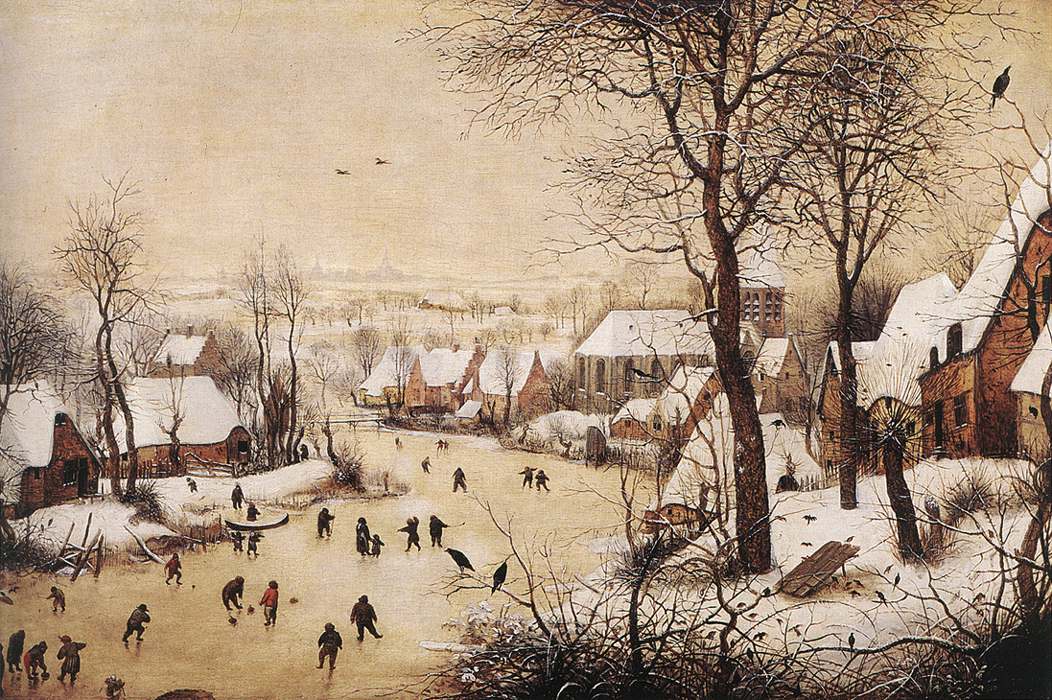 Paysage d'hiver avec patineurs et piège à oiseaux