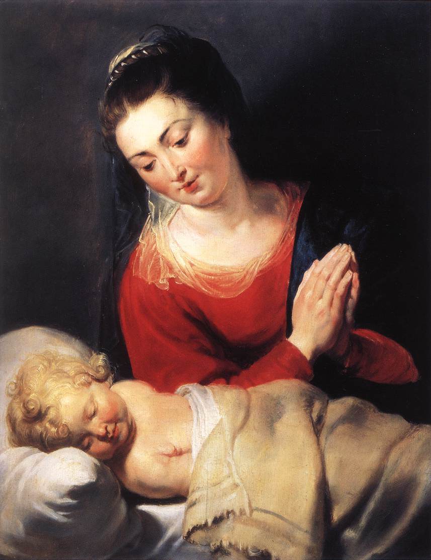 Jomfruen i tilbedelse før barnet Kristus