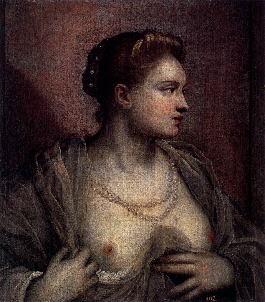 Portret van een vrouw die haar borsten onthult