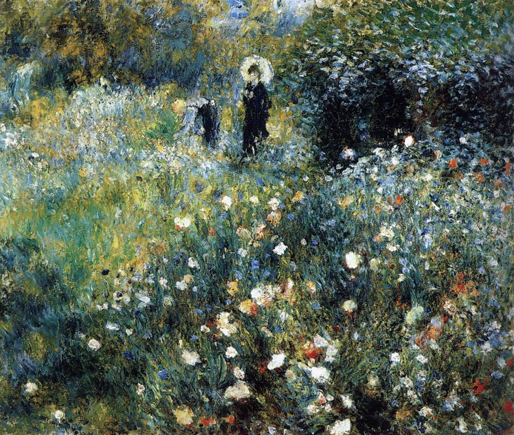 Woman with an Umbrella in a Garden