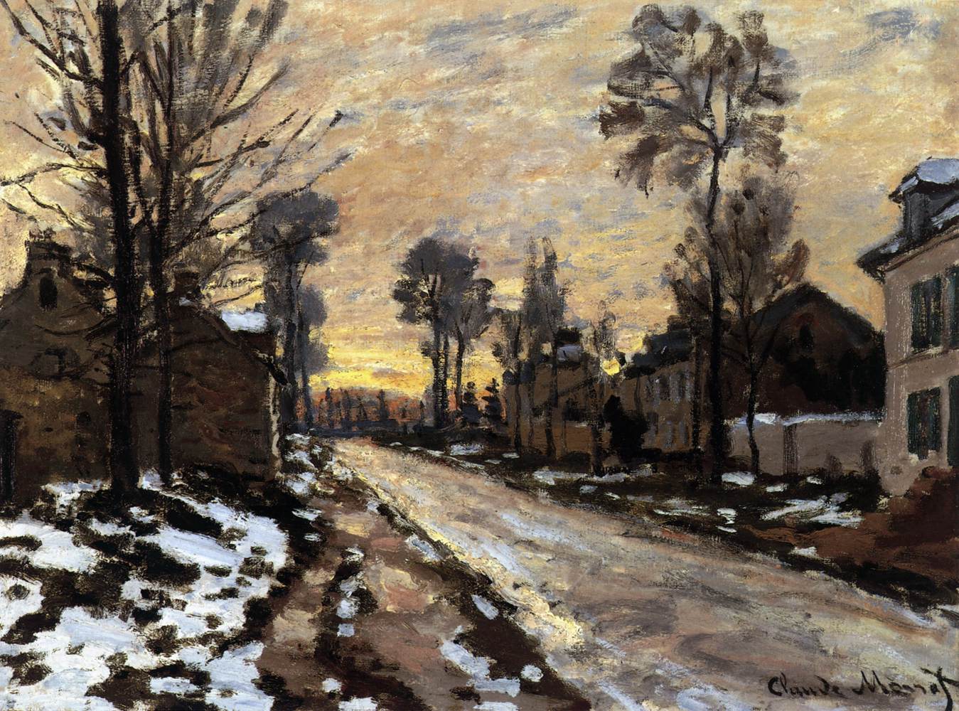 Sulla strada per Louveciennes, neve sciolto, tramonto