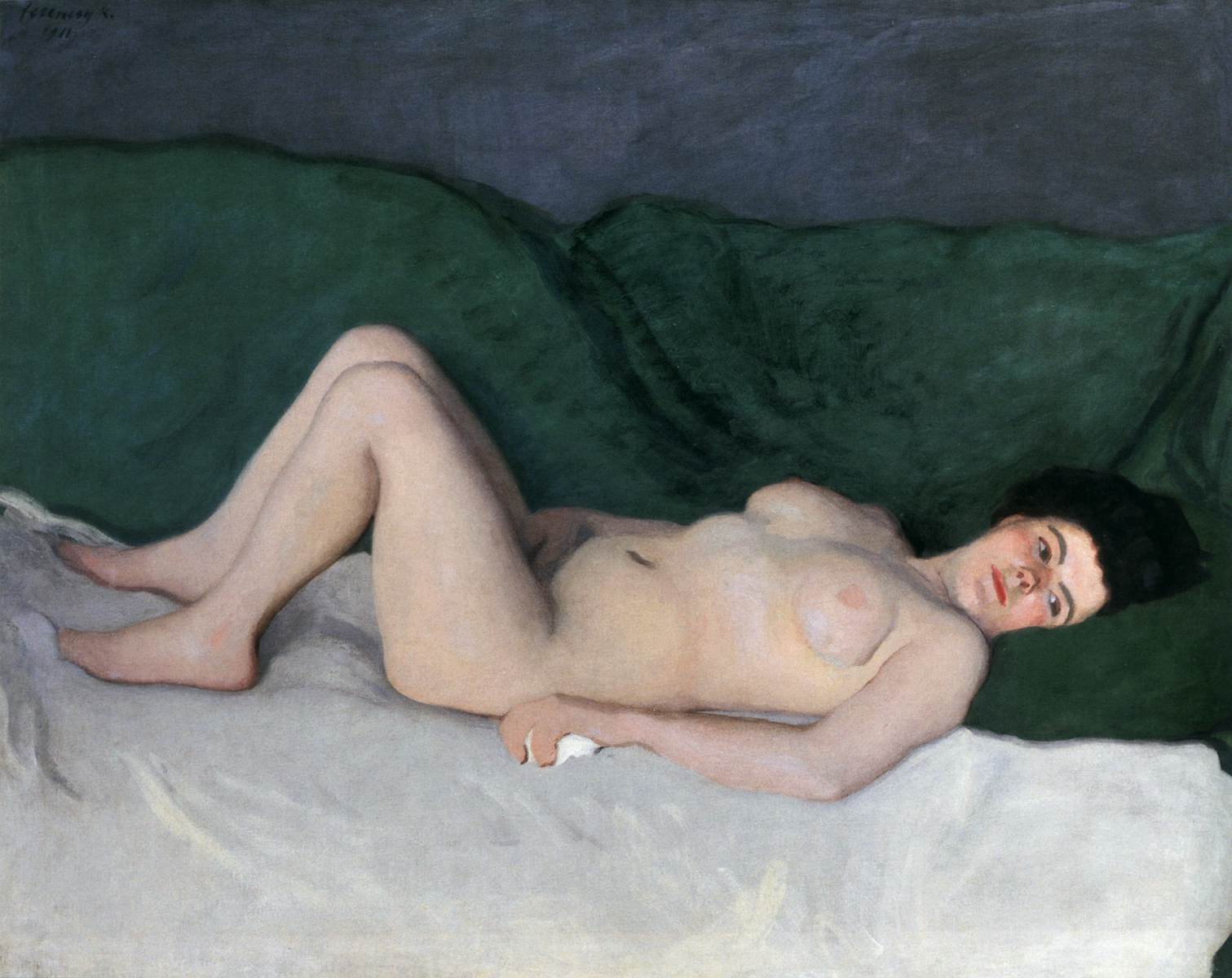 Female Nude Against Green Background I