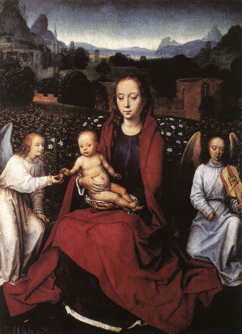 La vierge et l'enfant dans une roseraie avec deux anges