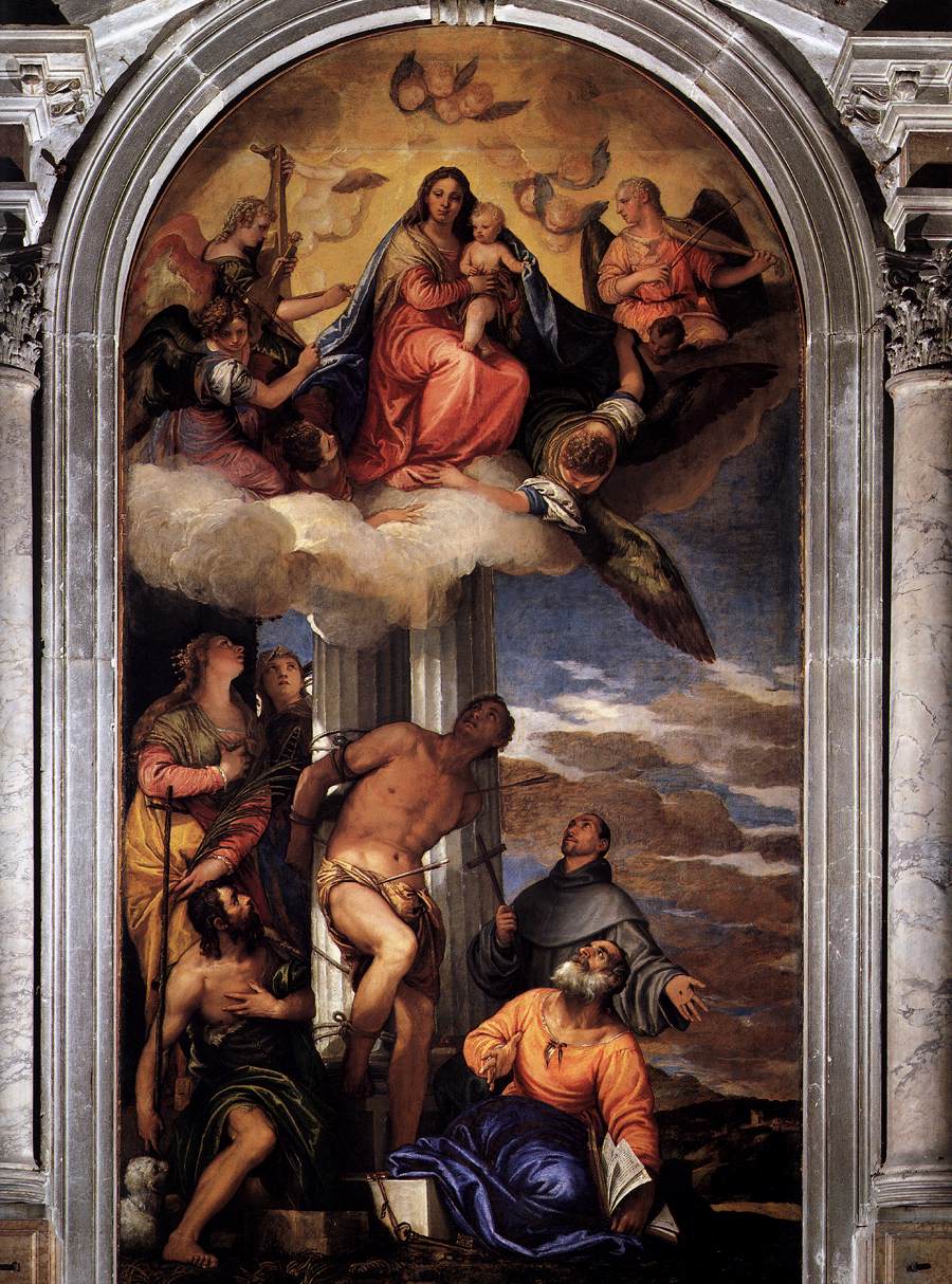 Die Jungfrau und das Kind thronen sich mit den Heiligen