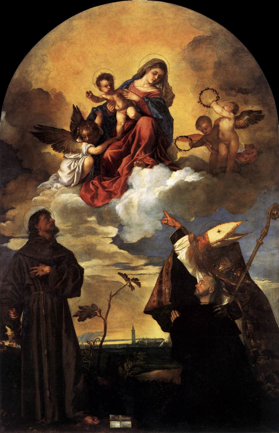 Jungfruen i ära med barnet Jesus Kristus och San Francisco och Alvise med givaren